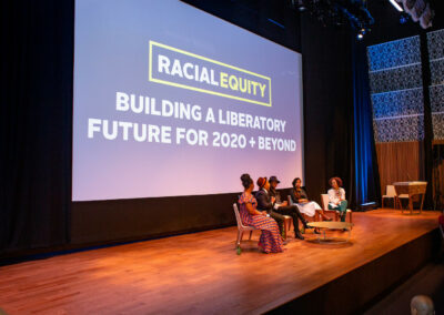 platform with discussion panel at event